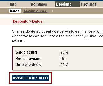 Avisos bajo saldo