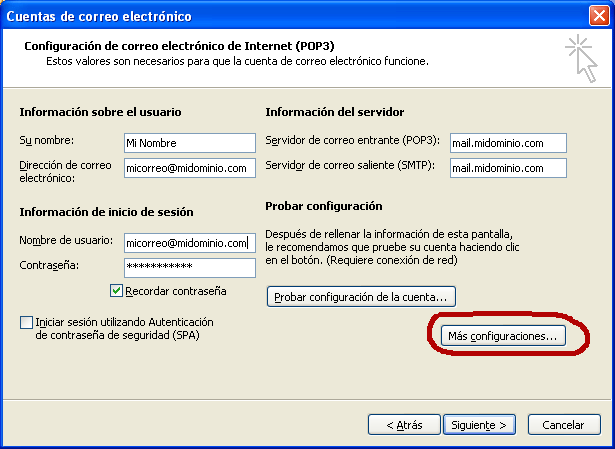 Configuración POP3, SMTP y Nombre de usuario