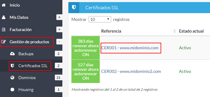 Listado de certificados SSL