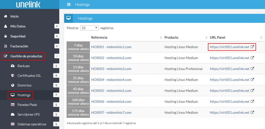 Listado de hostings