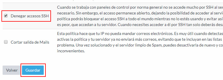 Cortar o activar el acceso SSH de un servidor desde tu Extranet de Cliente