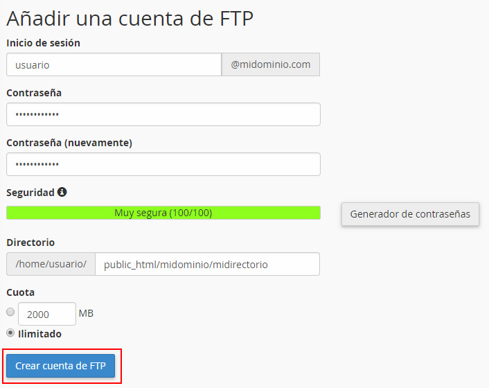 Crear cuenta FTP