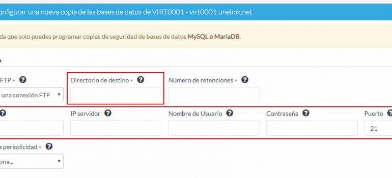 Datos a indicar al programar una copia de base de datos desde tu Extranet de Cliente