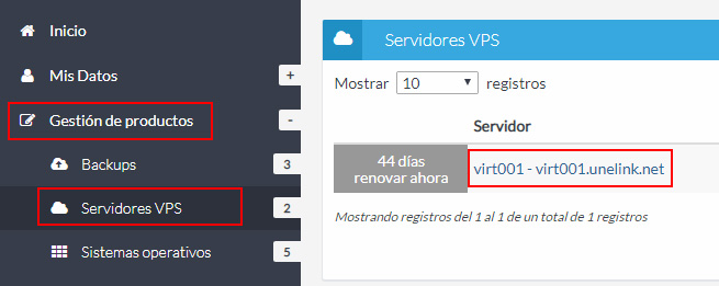 Listado de servidores virtuales